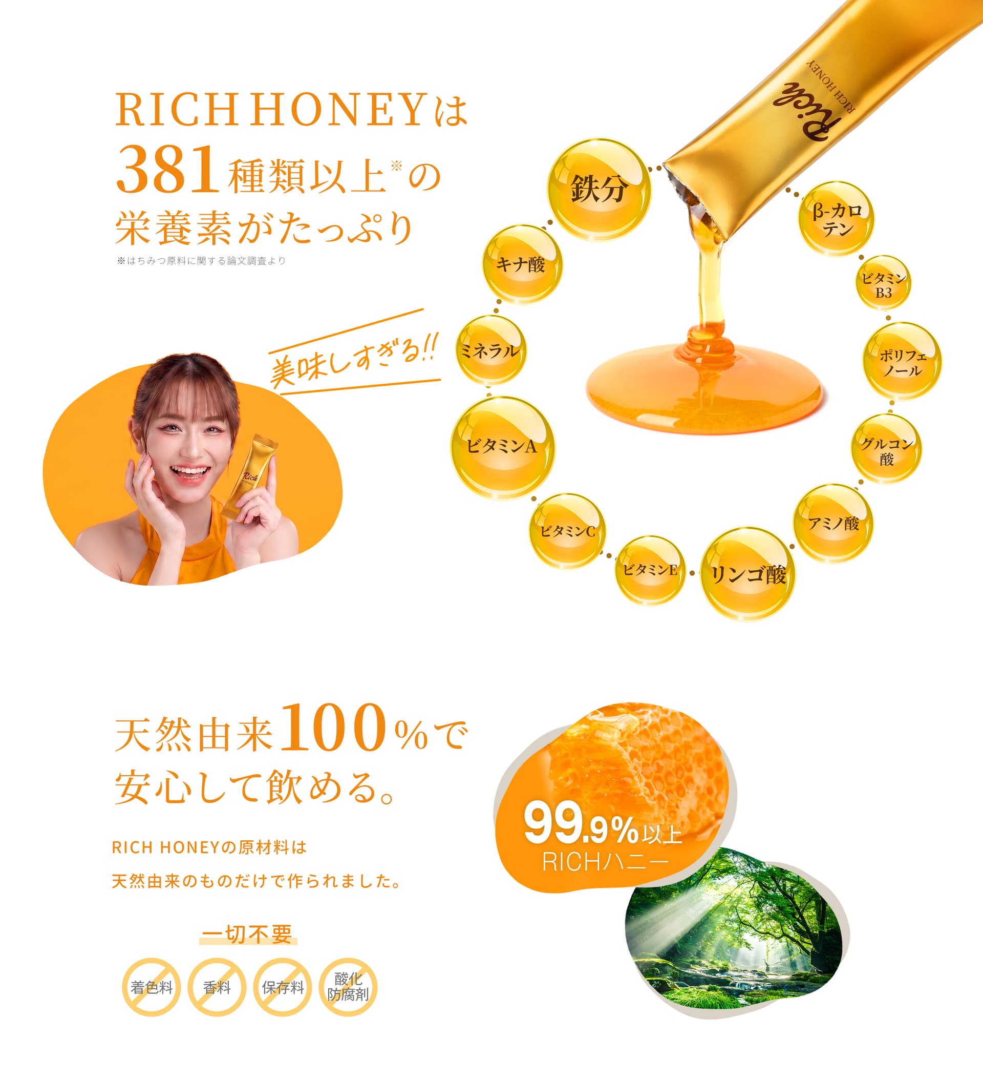 RICH HONEYは381種類以上の栄養素※がたっぷり。天然由来100%で安心して飲める。99.9%以上RICHハニー。着色料・香料・保存料・酸化防止剤は一切不要 ※はちみつ原料に関する論文調査より